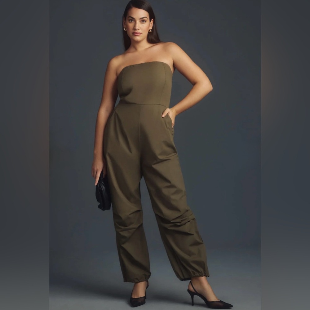 Anthropologie Olive Green Strapless Utility Jumpsuit